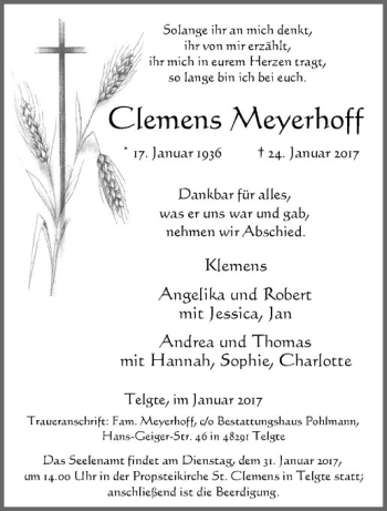 Anzeige von Clemens Meyerhoff von Westfälische Nachrichten