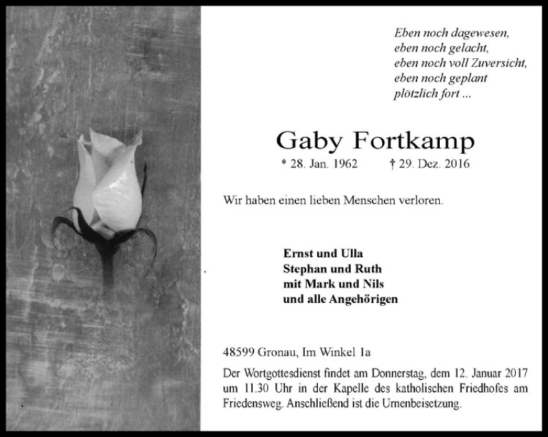  Traueranzeige für Gaby Fortkamp vom 06.01.2017 aus Westfälische Nachrichten