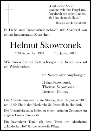 Anzeige von Helmut Skowronek von Westfälische Nachrichten