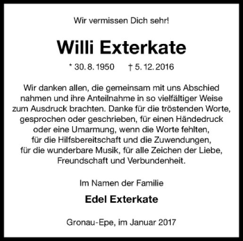 Anzeige von Willi Exterkate von Westfälische Nachrichten