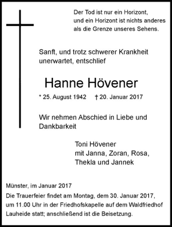 Anzeige von Hanne Hövener von Westfälische Nachrichten