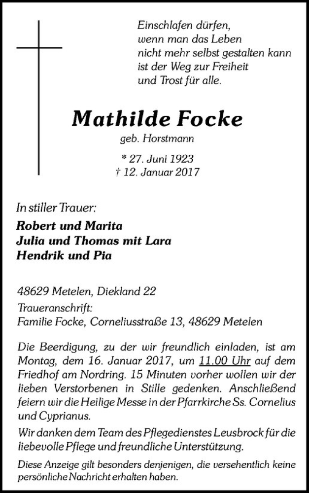 Traueranzeige für Mathilde Focke vom 14.01.2017 aus Westfälische Nachrichten
