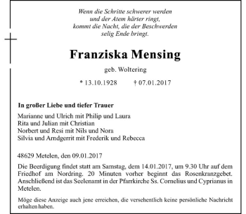 Anzeige von Franziska Mensing von Westfälische Nachrichten