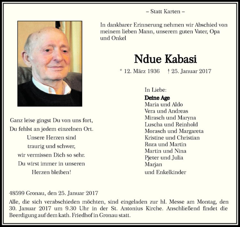 Traueranzeige für Ndue Kabasi vom 28.01.2017 aus Westfälische Nachrichten