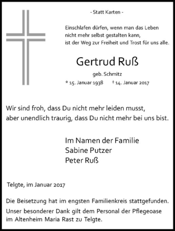 Anzeige von Gertrud Ruß von Westfälische Nachrichten