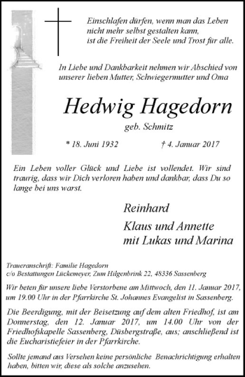 Anzeige von Hedwig Hagedorn von Westfälische Nachrichten