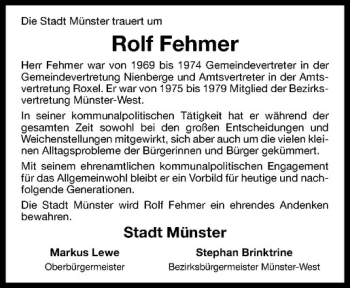 Anzeige von Rolf Fehmer von Westfälische Nachrichten