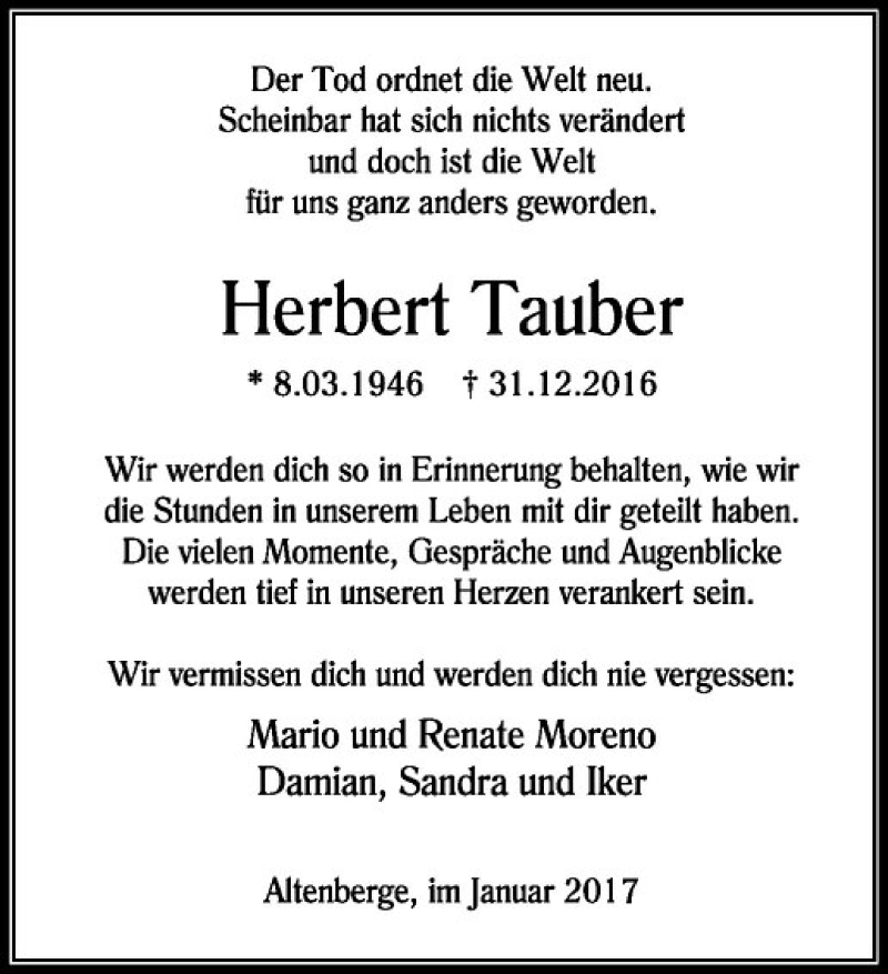  Traueranzeige für Herbert Tauber vom 04.01.2017 aus Westfälische Nachrichten
