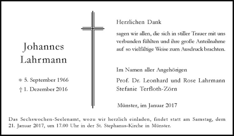  Traueranzeige für Johannes Lahrmann vom 14.01.2017 aus Westfälische Nachrichten