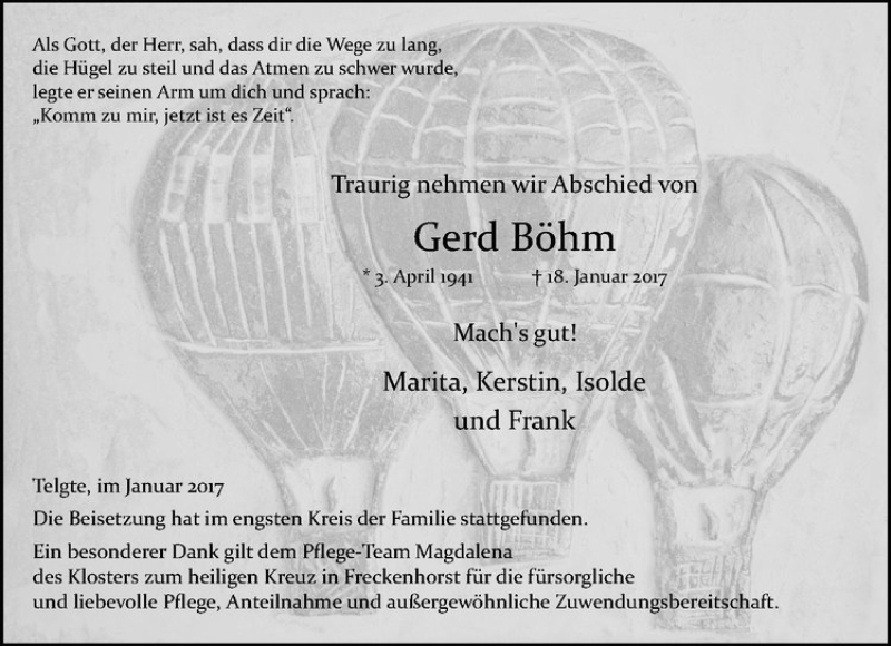  Traueranzeige für Gerd Böhm vom 28.01.2017 aus Westfälische Nachrichten