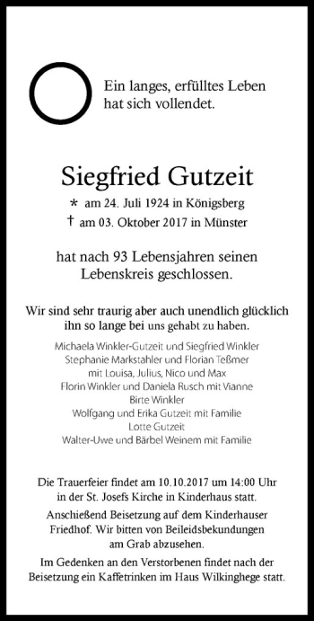 Anzeige von Siegfried Gutzeit von Westfälische Nachrichten