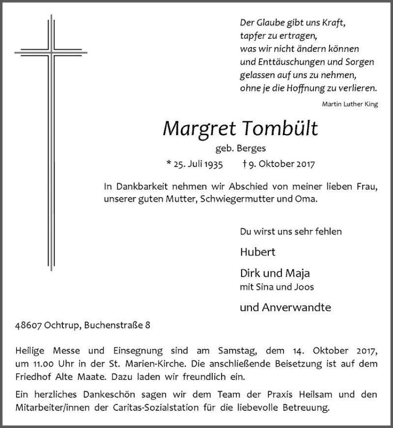  Traueranzeige für Margret Tombült vom 11.10.2017 aus Westfälische Nachrichten