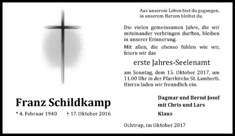  Traueranzeige für Franz Schildkamp vom 11.10.2017 aus Westfälische Nachrichten