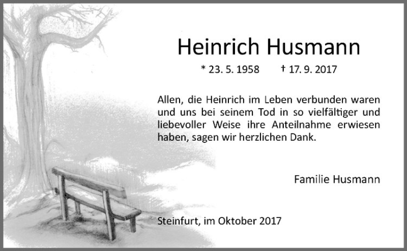  Traueranzeige für Heinrich Husmann vom 28.10.2017 aus Westfälische Nachrichten