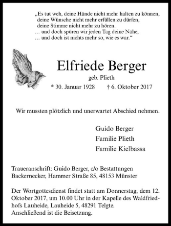 Anzeige von Elfriede Berger von Westfälische Nachrichten