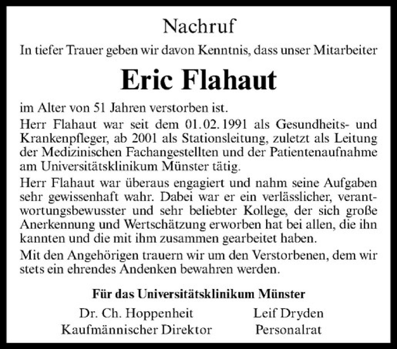  Traueranzeige für Eric Flahaut vom 11.10.2017 aus Westfälische Nachrichten