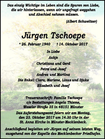 Anzeige von Jürgen Tschoepe von Westfälische Nachrichten