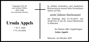 Anzeige von Ursula Appels von Westfälische Nachrichten