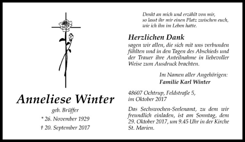  Traueranzeige für Anneliese Winter vom 25.10.2017 aus Westfälische Nachrichten