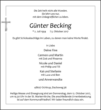 Anzeige von Günter Becking von Westfälische Nachrichten