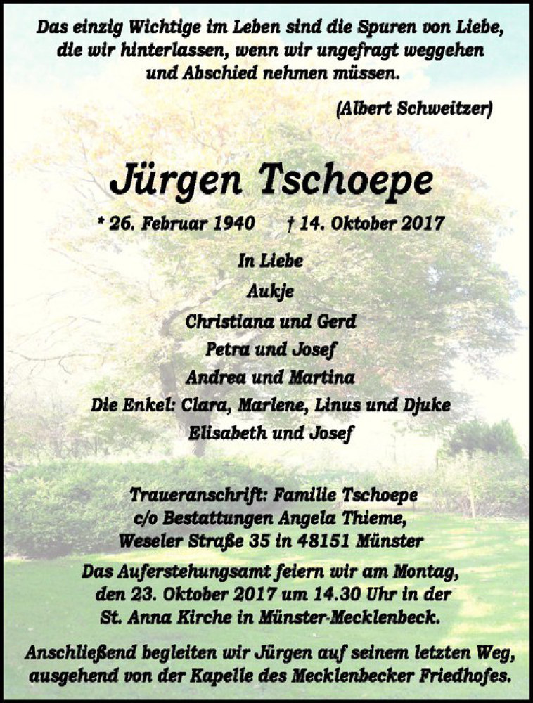  Traueranzeige für Jürgen Tschoepe vom 18.10.2017 aus Westfälische Nachrichten