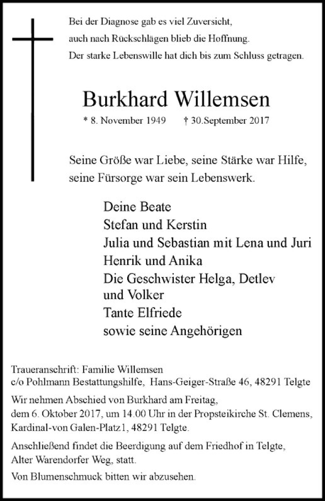  Traueranzeige für Burkhard Willemsen vom 05.10.2017 aus Westfälische Nachrichten