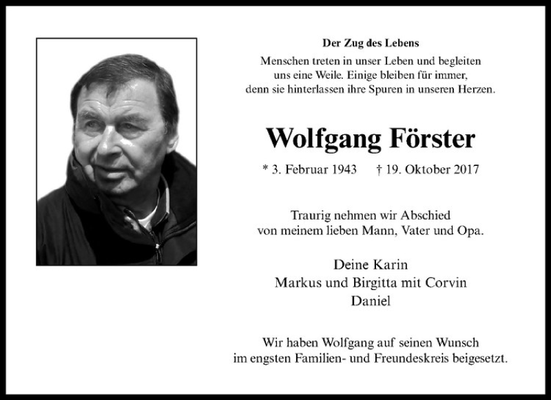  Traueranzeige für Wolfgang Förster vom 28.10.2017 aus Westfälische Nachrichten