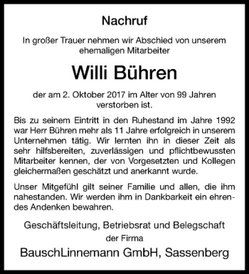 Anzeige von Willi Bühren von Westfälische Nachrichten