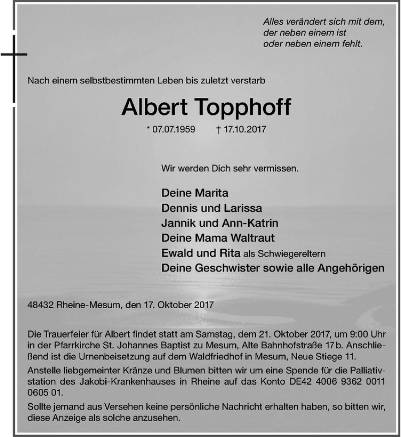  Traueranzeige für Albert Topphoff vom 19.10.2017 aus Westfälische Nachrichten