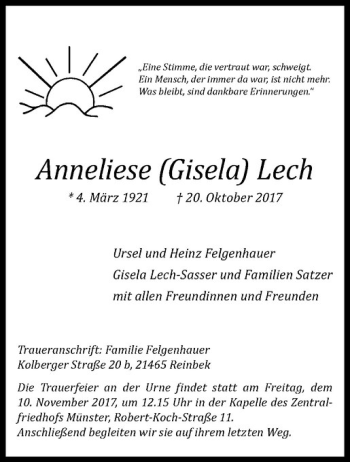 Anzeige von Anneliese Lech von Westfälische Nachrichten
