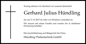 Anzeige von Gerhard Julius Hündling von Westfälische Nachrichten