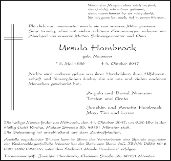Anzeige von Ursula Hambrock von Westfälische Nachrichten