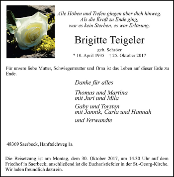 Anzeige von Brigitte Teigeler von Westfälische Nachrichten