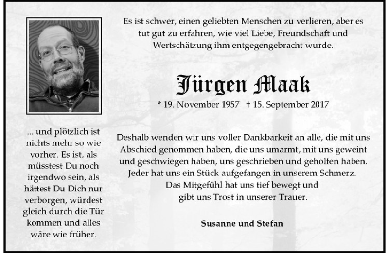  Traueranzeige für Jürgen Maak vom 14.10.2017 aus Westfälische Nachrichten