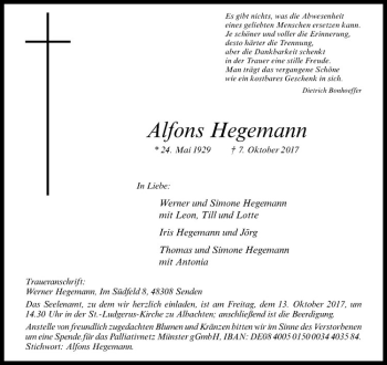 Anzeige von Alfons Hegemann von Westfälische Nachrichten