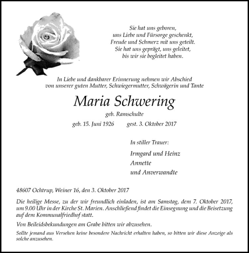  Traueranzeige für Maria Schwering vom 05.10.2017 aus Westfälische Nachrichten