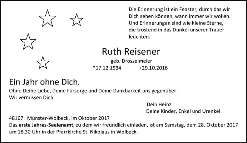  Traueranzeige für Ruth Reisener vom 21.10.2017 aus Westfälische Nachrichten