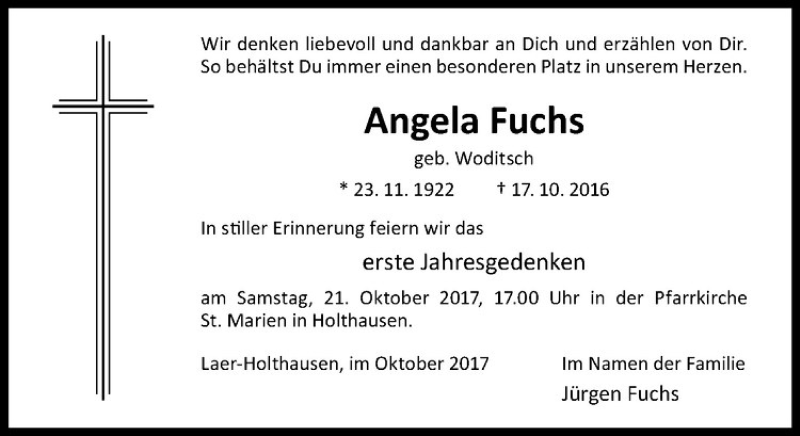  Traueranzeige für Angela Fuchs vom 18.10.2017 aus Westfälische Nachrichten