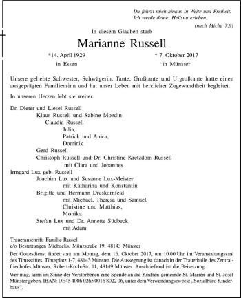 Anzeige von Marianne Russell von Westfälische Nachrichten