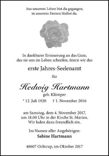 Anzeige von Hedwig Hartmann von Westfälische Nachrichten
