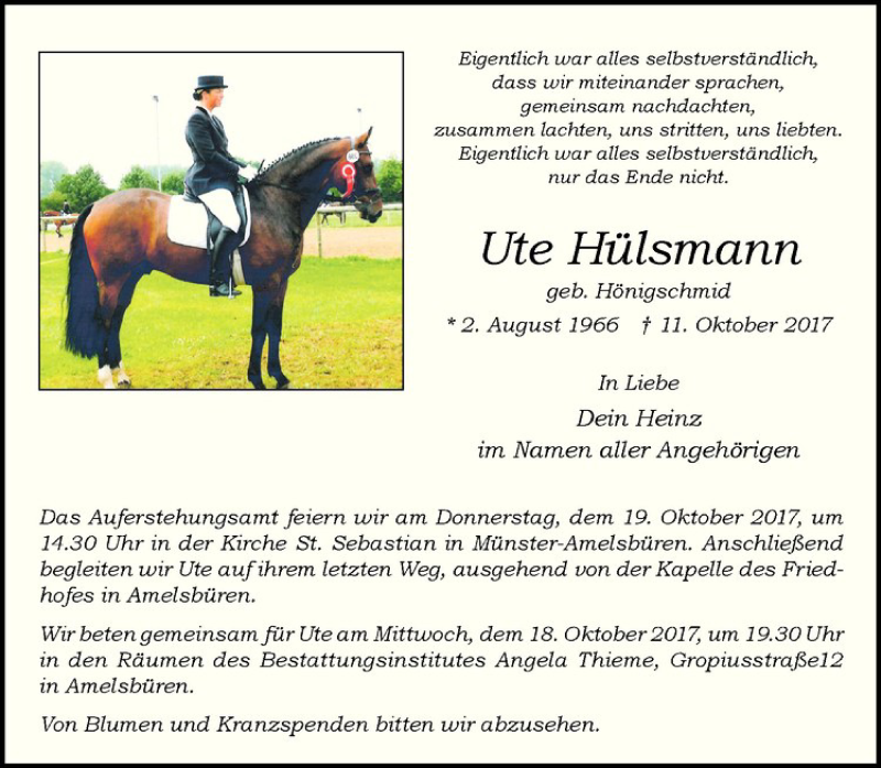  Traueranzeige für Ute Hülsmann vom 17.10.2017 aus Westfälische Nachrichten