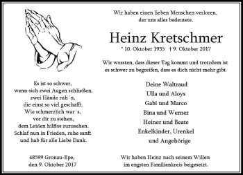 Anzeige von Heinz Kretschmer von Westfälische Nachrichten