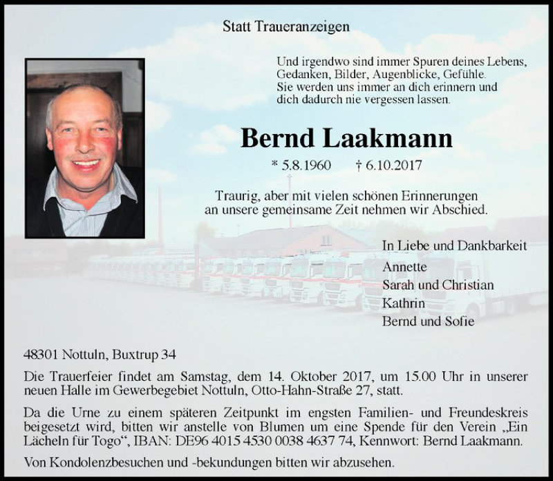  Traueranzeige für Bernd Laakmann vom 11.10.2017 aus Westfälische Nachrichten