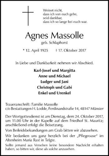 Anzeige von Agnes Massolle von Westfälische Nachrichten