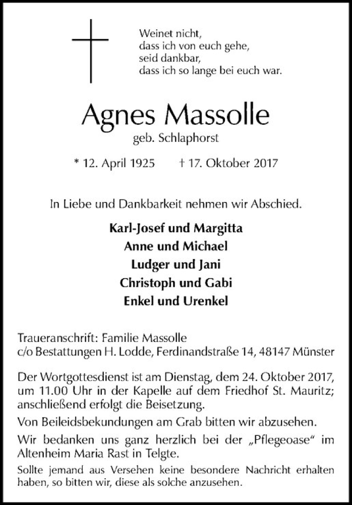  Traueranzeige für Agnes Massolle vom 21.10.2017 aus Westfälische Nachrichten