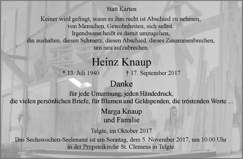  Traueranzeige für Heinz Knaup vom 28.10.2017 aus Westfälische Nachrichten