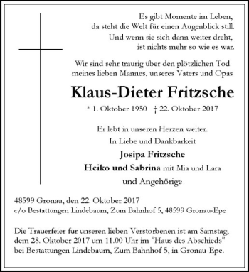 Anzeige von Klaus-Dieter Fritzsche von Westfälische Nachrichten