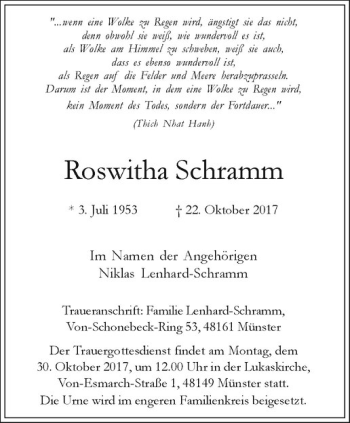Anzeige von Roswitha Schramm von Westfälische Nachrichten