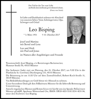Anzeige von Leo Bisping von Westfälische Nachrichten