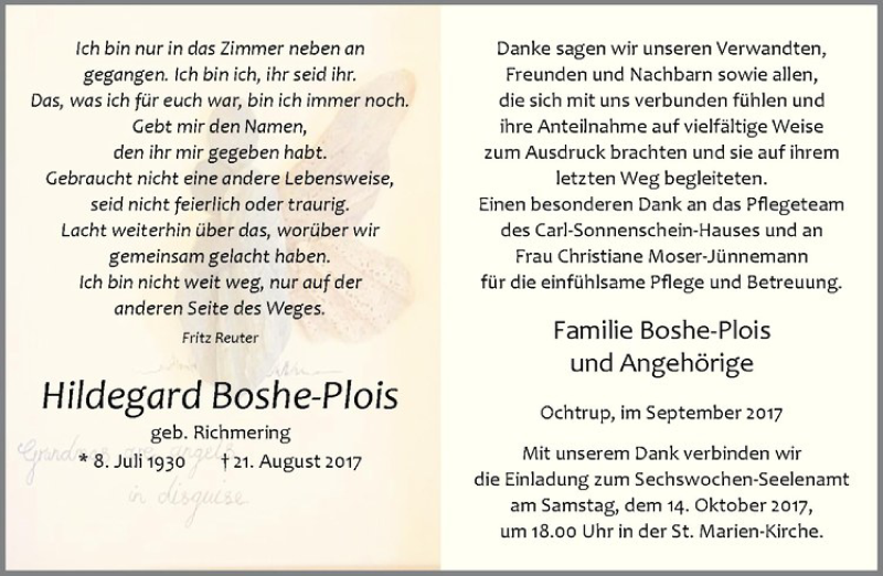  Traueranzeige für Hildegard Boshe-Plois vom 11.10.2017 aus Westfälische Nachrichten